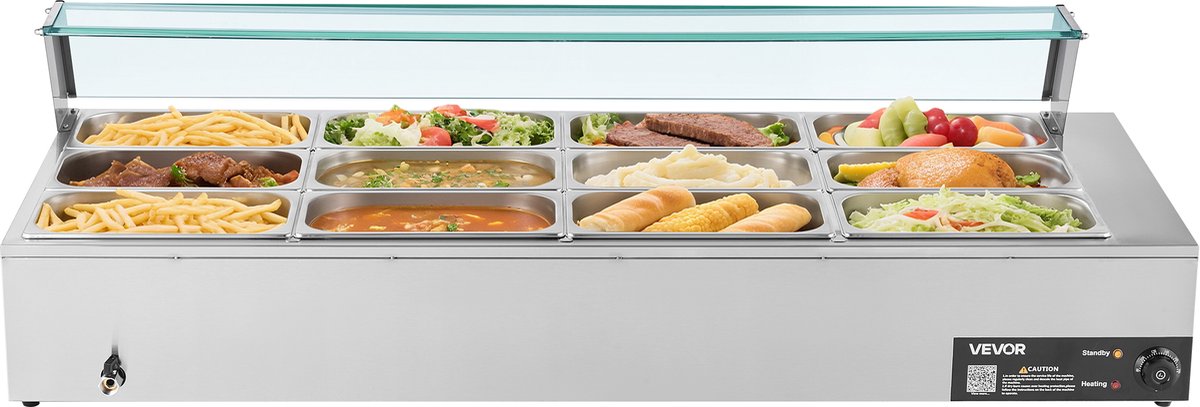 VEVOR Commerciële Voedselverwarmer (12 x 1/3 Maat Containers), 1,7 kW Elektrische RVS Warmhoudcontainer met Glazen Deksel & Soeplepel, Chafing Dishes voor Catering Restaurant Feesten