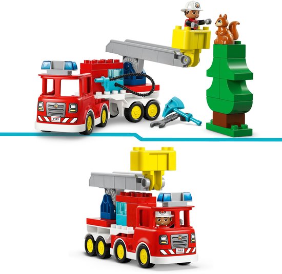 Image double : Camion de pompiers rouge avec échelle, pompier, arbre et écureuil ; et camion de pompiers.