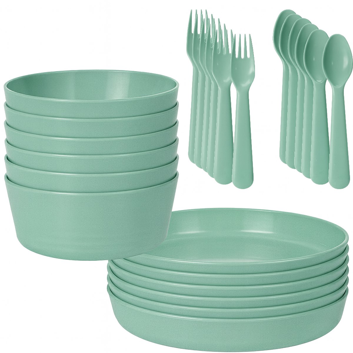 HEM 24-delig Serviesset 6 Persoons – Groen Kunststof – Picknickset – BPA-vrij & Vaatwasserbestendig – 6x Bord, 6x Kom, 6x Vork, 6x Lepel – Lichtgewicht Plastic Servies – Met HEM Opbergzak