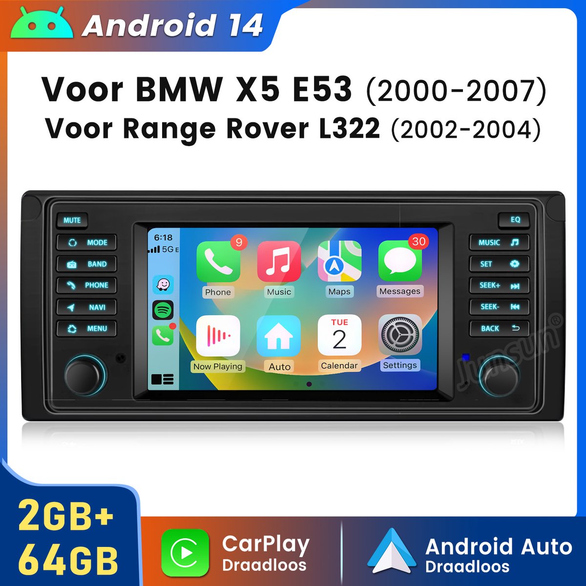 Hexinex Quad-Core autoradio Geschikt voor BMW E53 X5 E39 - Draadloos CarPlay, Android Auto, multimediaspeler, Android 15, 2GB+64GB