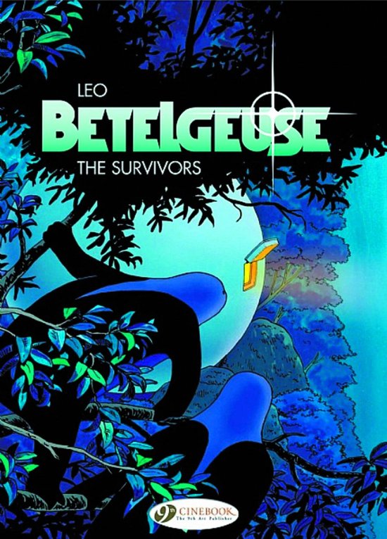 Boekcover met de titel 'Leo Betelgeuse - The Survivors'. Een illustratie van een boom met blauwe bladeren en een donkere figuur.