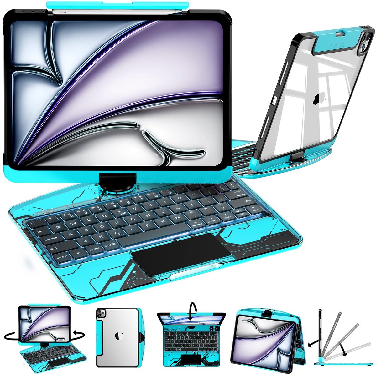 Namajunas - Tablet toetsenbord - Toetsenbordhoes geschikt voor iPad Air 13 inch (M3/M2) & iPad Pro 12,9 inch (2018-2022) - 7-kleuren achtergrondverlichting - 360° Draaibaar - Multi-Touch Trackpad - Penhouder - Cyberpunk-stijl - Case