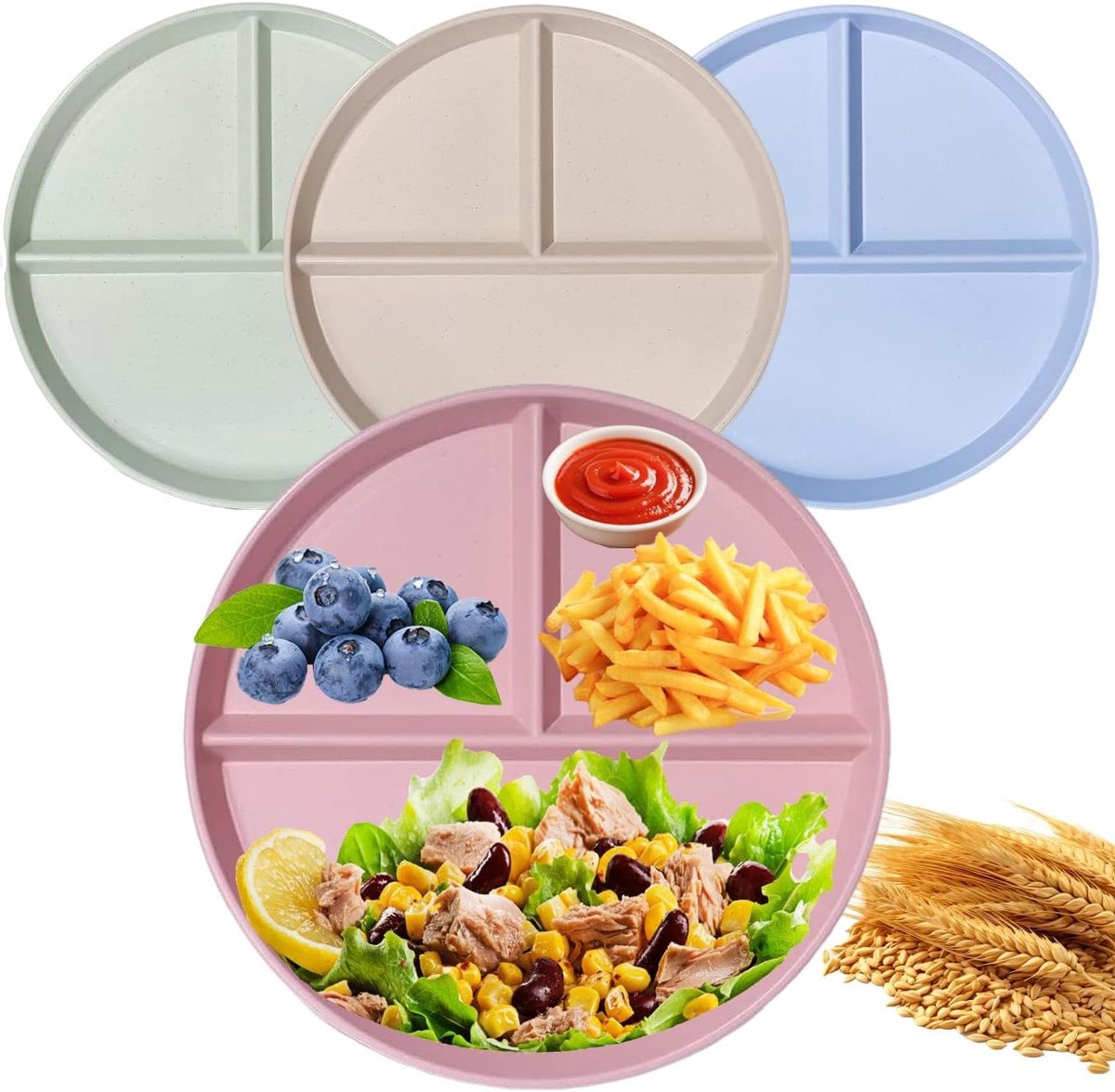 Cosensi - Plat bord met kindervak, set van 4 borden, portiecontrole, onbreekbaar, herbruikbaar, lichtgewicht, ideaal voor kinderen.