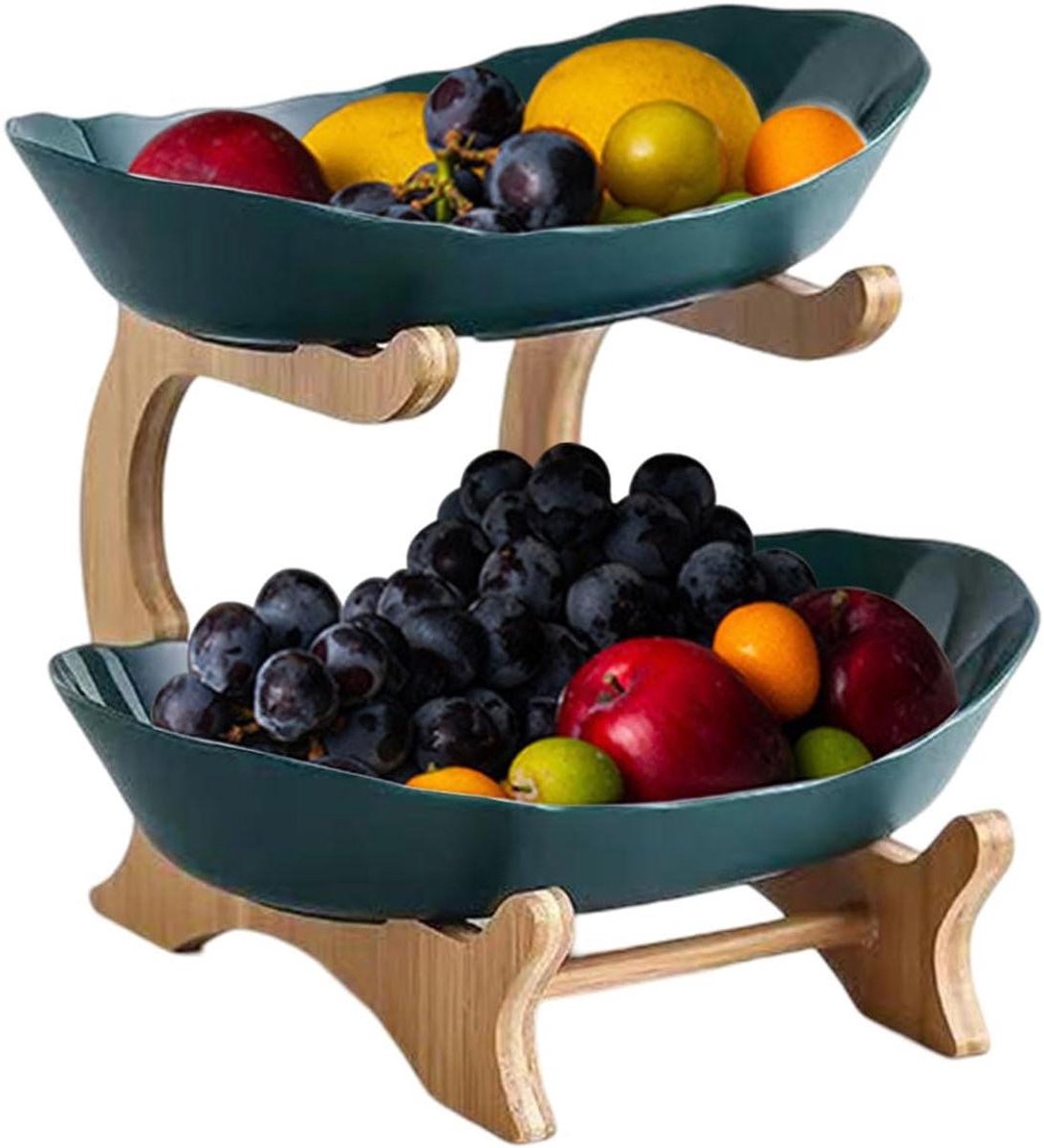 Cosensi - Fruittestand met bamboe standaard, serveerschaal groen - voor fruit, groenten, snacks, cake, snoep (2/3 etages)