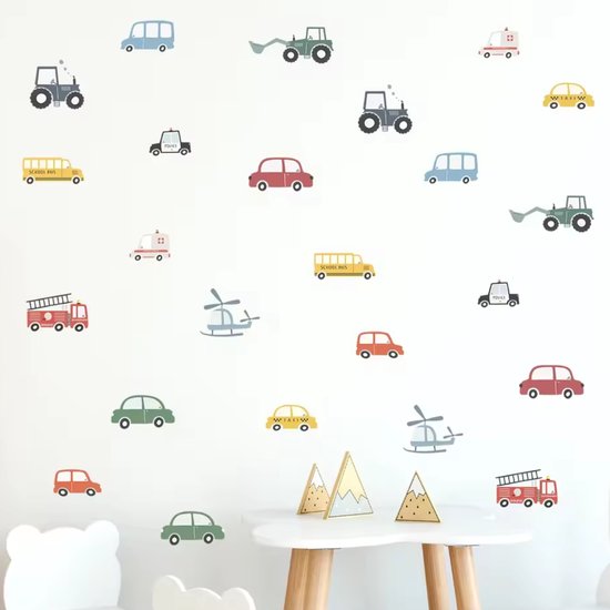 Muursticker 'Voertuigen & Helicopters' - 116x105cm - Auto - Tractor - Politie - Brandweer - Zelfklevend PVC - Babykamer - Kinderkamer - Jongen