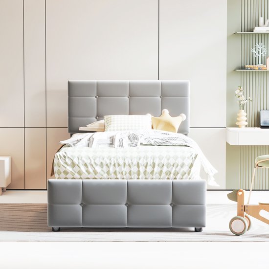 Gestoffeerd opbergbed 90x200 cm in kunstleer - met LED en lattenbodem