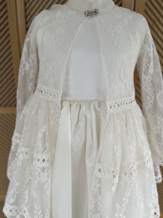 robe de soirée luxe avec veste brodée, diadème de cheveux - robe de gala - robe vintage avec veste en kanten - mariage - communion - séance photo - blanc beige - coton - 10-11 ans taille 146