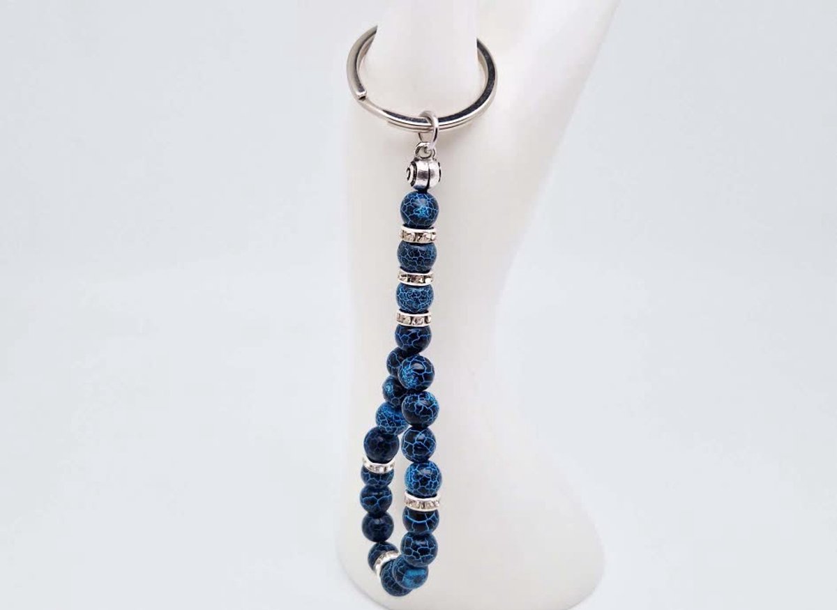 Handgemaakte Tasbih sleutelhanger van natuursteen "Blauwe Harmonie" en metaal - diameter kralen 8mm - Aantal stenen 20 - Een mooi cadeau-idee en een bijzonder aandenken