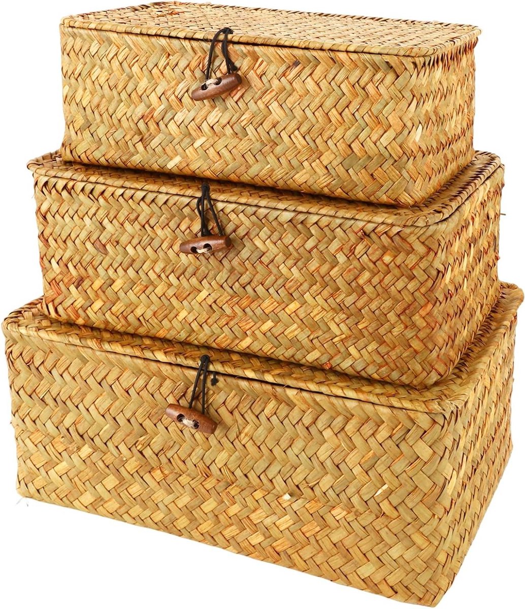 Cosensi - Set van 3 rotan opbergmanden in natuurlijk zeegras met deksel