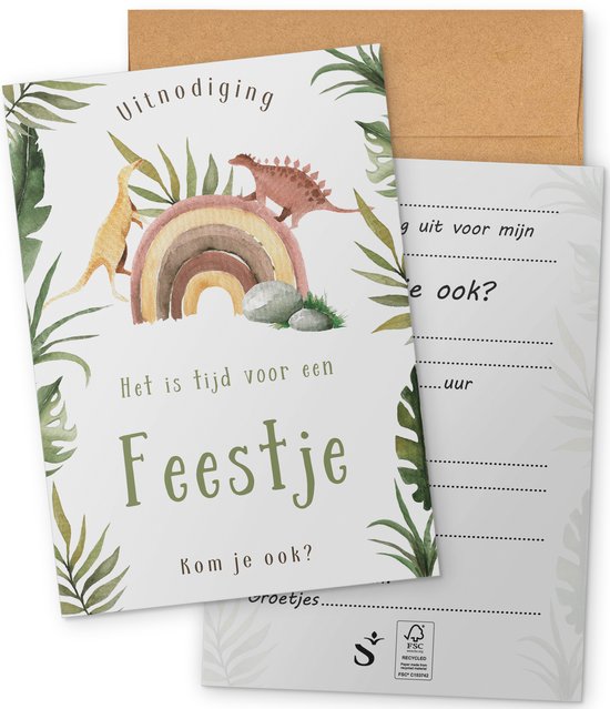 Dinosaurus thema uitnodiging met regenboog, omringd door bladeren. Papieren envelop ernaast.