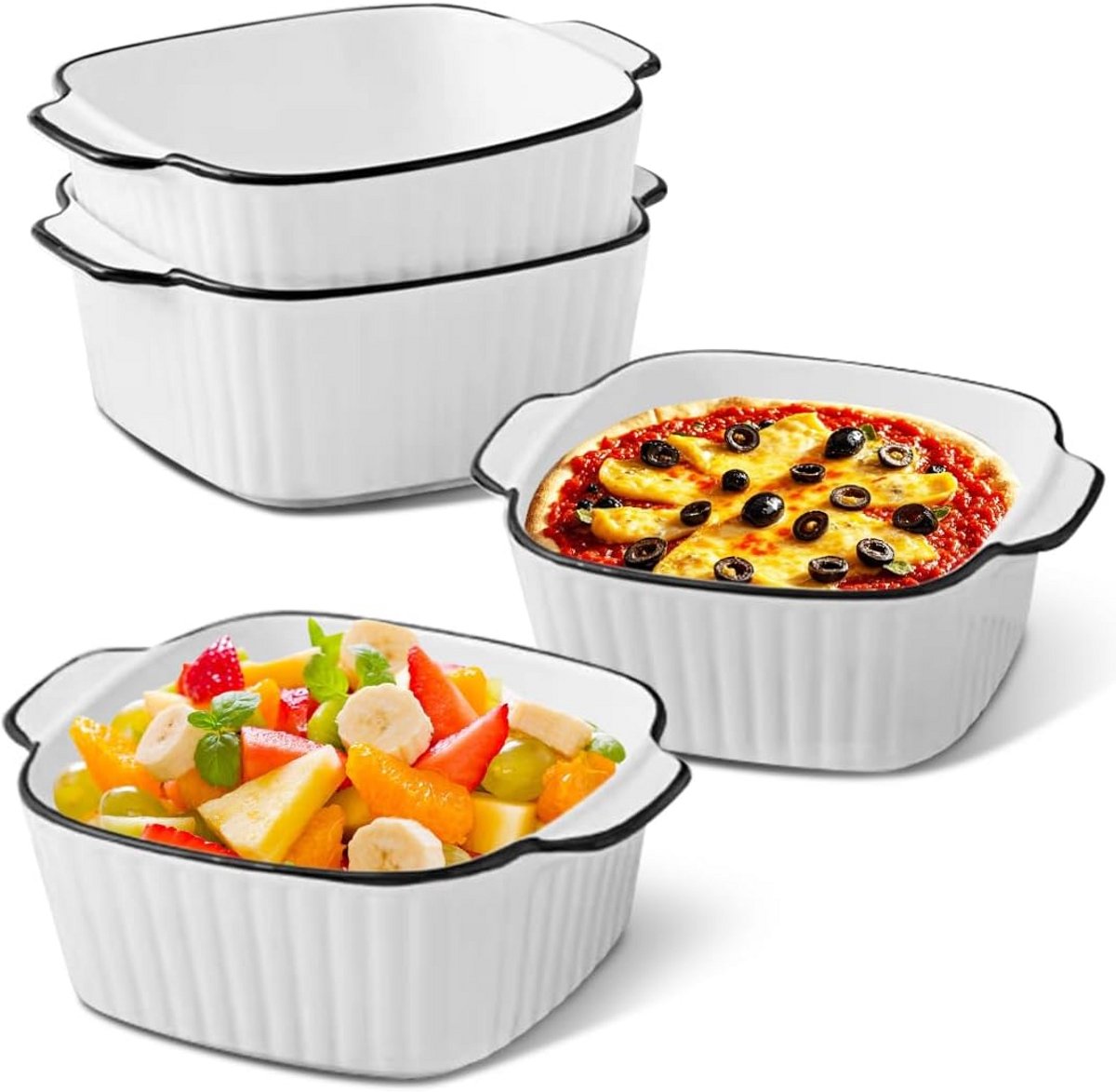Set van 4 Vierkante Keramische Ovenschaaltjes met Handvatten, Stapelbaar