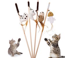 4-delig Kattenspeelgoed Set - Interactieve Speelhengel met 4 Speelgoedjes (Muis, Kuiken, Hartjesmuis & Vis) - Leuk Interactief Speelgoed voor Katten