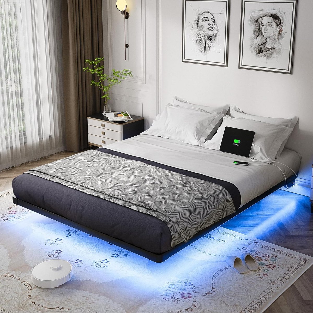 Zwevend Tweepersoonsbed Queen Size met LED Verlichting en Oplaadstation
