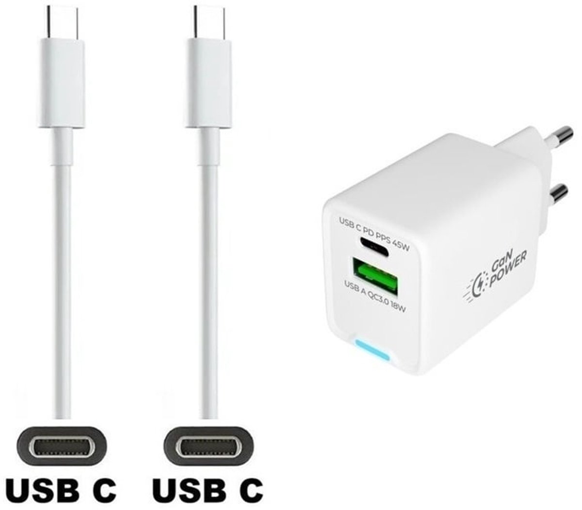 OneOne 45W super snellader met 2 poorten. Oplader met sterke 1,5m USB C naar C kabel. PD lader adapter past op Samsung Galaxy M06, M42, M20, M31s, M32, M33, Xcover 5, Xcover 6 Pro, Xcover 7 / 7 Pro, Xcover Pro, Xcover FieldPro