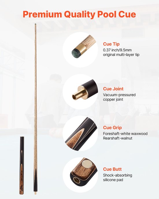 Snooker- en poolkeu - Set - Lengte 145 cm - Gewicht 540 g - Verlengstuk - Lederen Tip - Aluminium Koffer - Handdoek — afbeelding 3