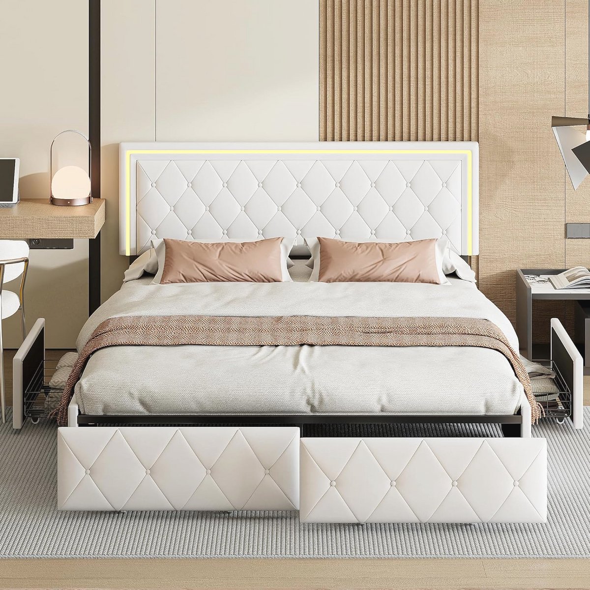 Tweepersoonsbed met Opbergruimte en Lattenbodem, Gevoerd Hoofdeinde, 160 x 200 cm
