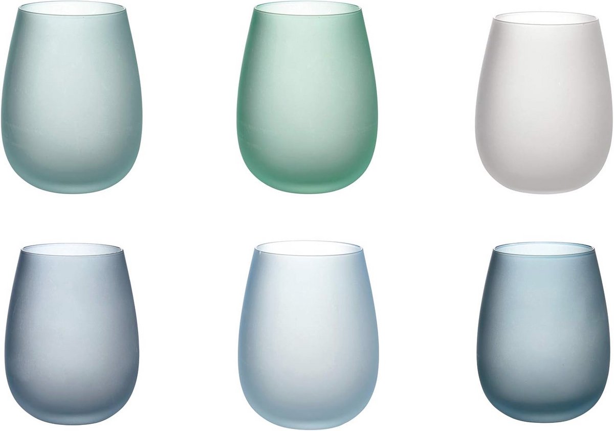 Set van 6 waterglazen van matglas 500ml in verschillende blauwtinten