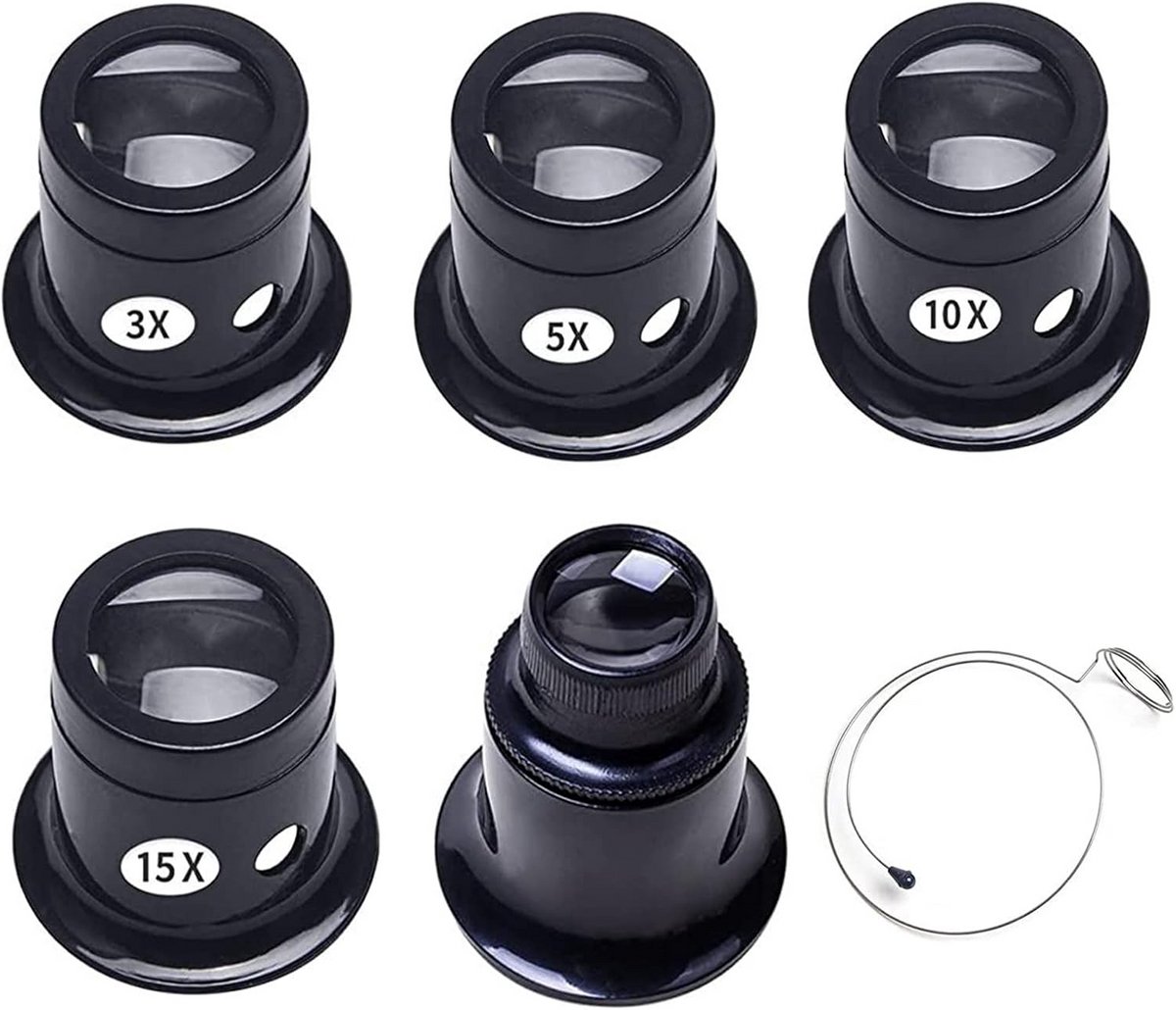 5-Delige Horlogemakers Loupe Set - Juweliers Loepbril met 3x, 5x, 10x, 15x en 20x Vergroting