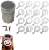 1 set - Strooibus - Koffie latte art sjabloon - Poedersuiker strooier met deksel - Poeder strooier met fijne zeef - Cacaostrooier - Bloemsuiker strooier - Gereedschap voor het garneren van koffie - Zilver - Geschikt voor barbecue en koffiepoeder