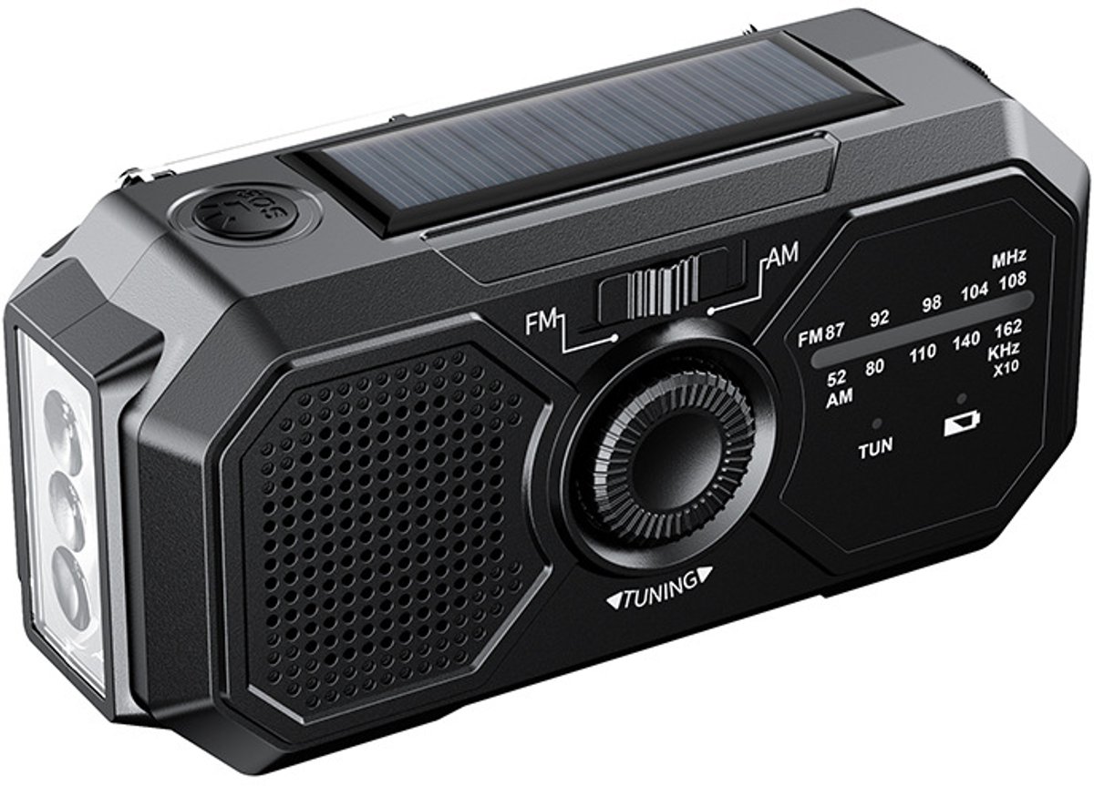 Noodradio - noodradio solar opwindbaar - Radio- draagbare radio - Oplaadbare radio - 1200mAh - Zwart