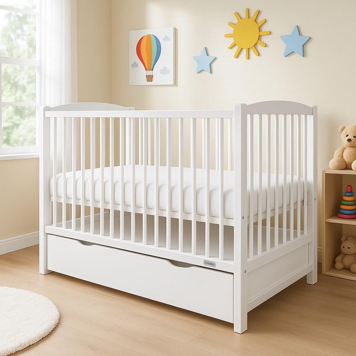 New Baby - Ledikant - Babybedje wit met lade en 3 hoogte-instellingen - kinderbed - peuterbed - grenenhout - MDF - slaapmeubel - slaapplaats - bedframe - bed