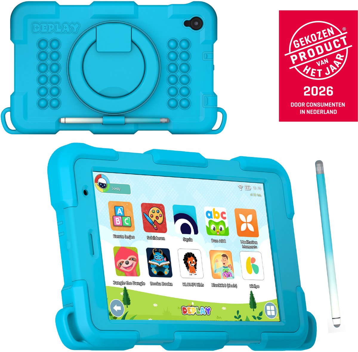 DEPLAY Kids Tablet SMART - Kindertablet - Ouder Control App - 5000 Mah Batterij - Touchscreen Pen & Beschermhoes – Blauw - Android 13 - 8 Inch