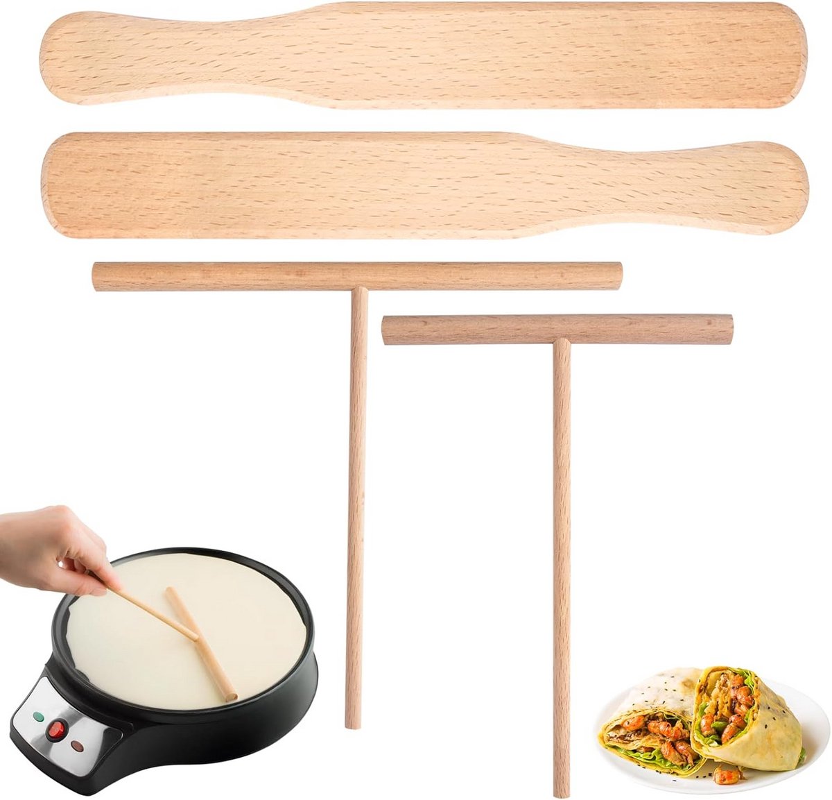 4x Houten Crêpe Beslagverspreider - T-Vorm Pannenkoek Tool voor Bakken
