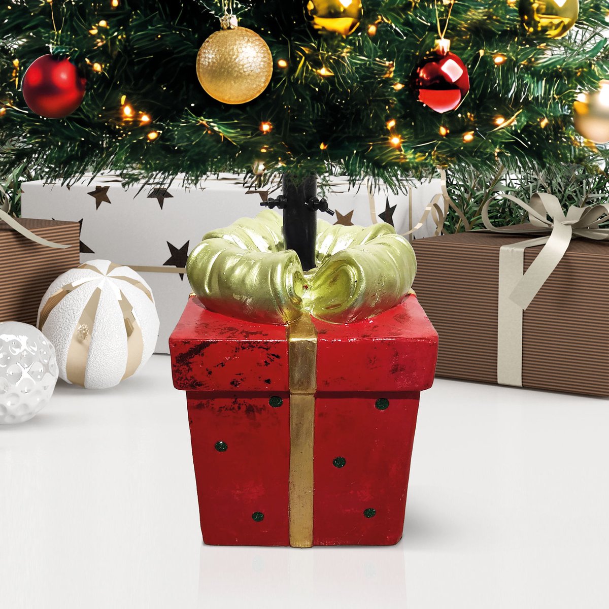 Kerstboomstandaard Cadeaudoos – Decoratieve Kerstboomvoet van Kunststeen – Stevige Boomstandaard met Strik – Rood/Goud 1 Stuks [58591]