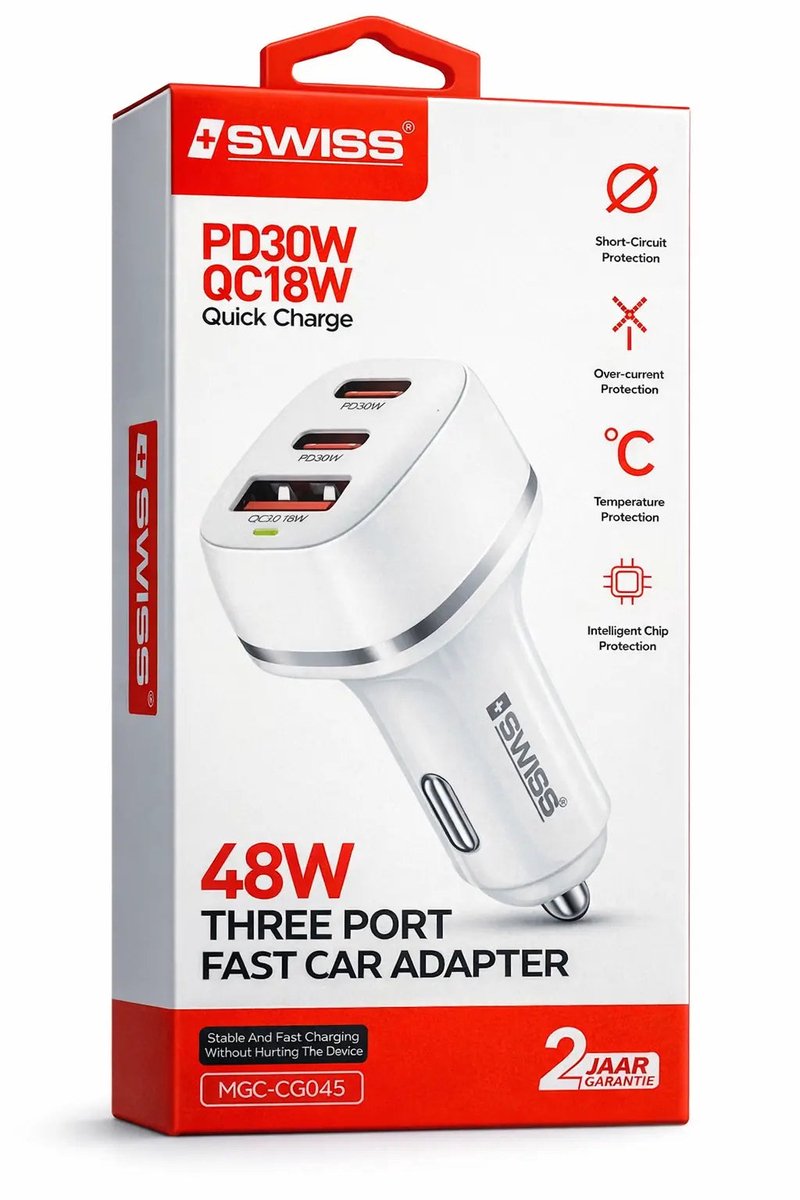 Auto oplader met usb-c en usb 3 ingangen 48W- Wit