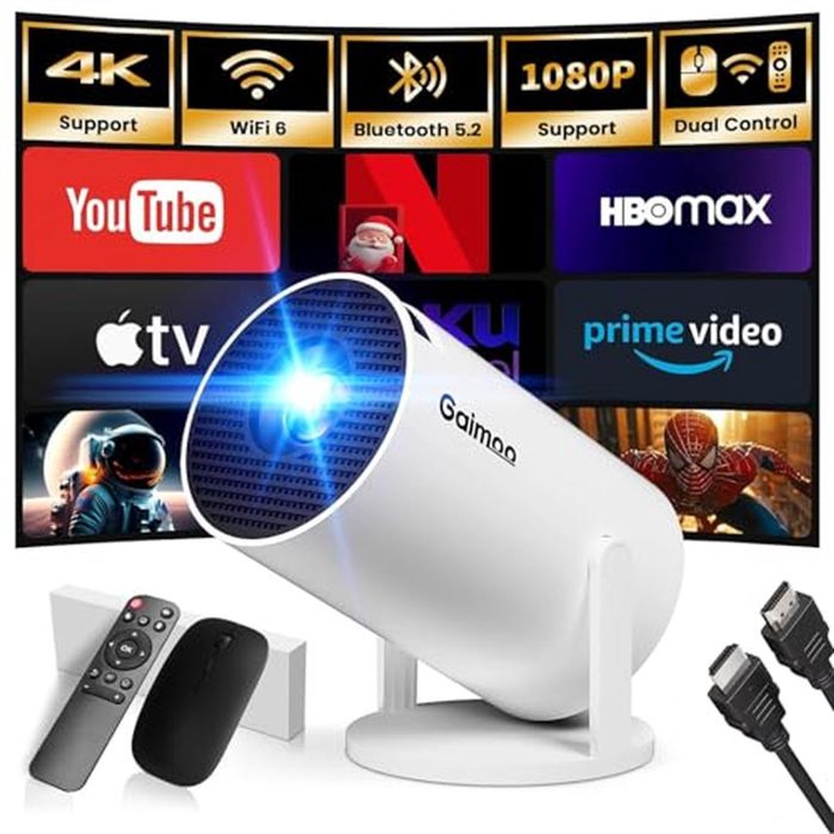 Draagbare Mini Projector 1080P FHD met WiFi en Bluetooth – 4K Ondersteuning, 180° Verstelbare Keystone