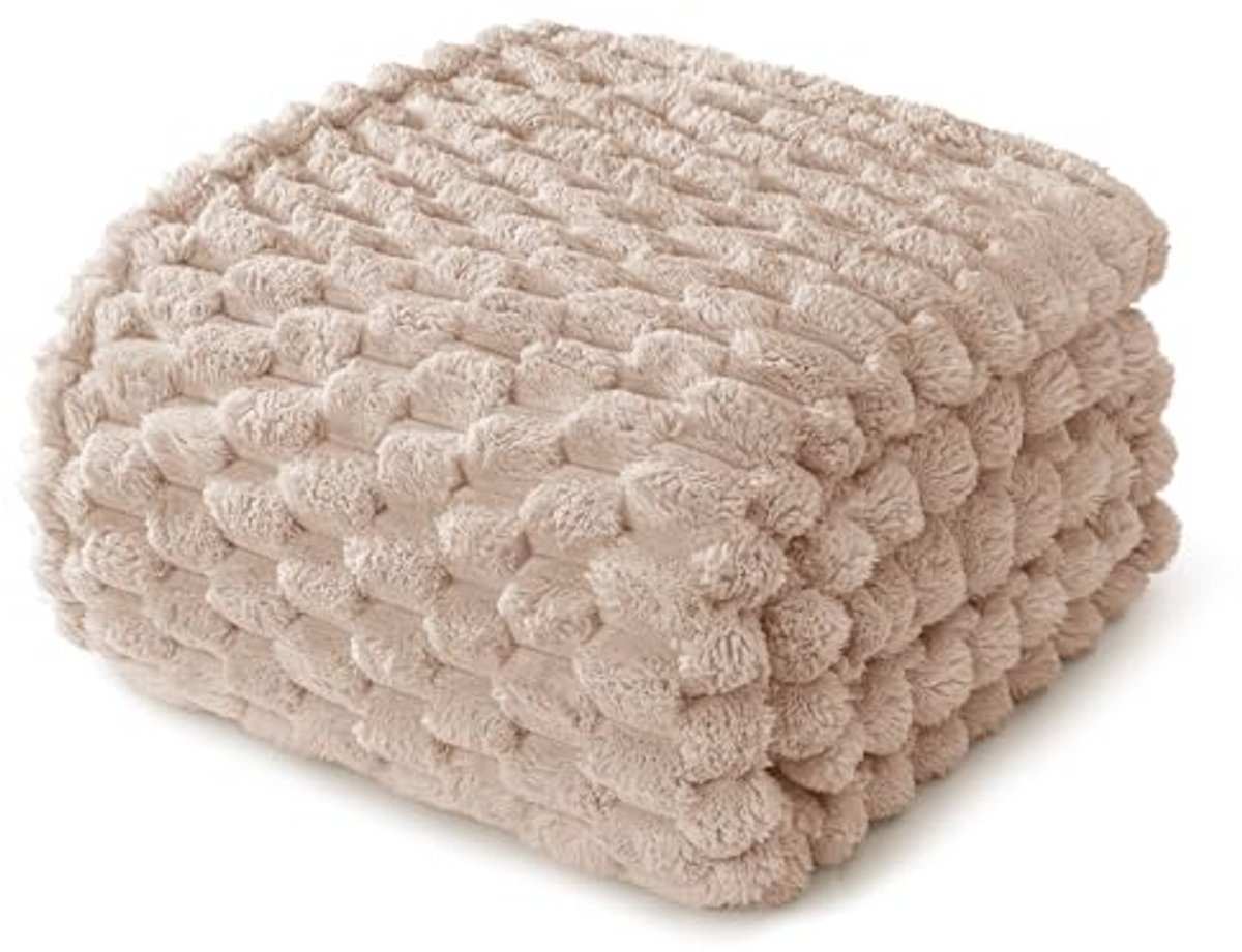 Wollige Knuffeldeken met 3D-Jacquard Patroon - Warme Woondeken voor Alle Seizoenen - 220 x 240 cm - Camel