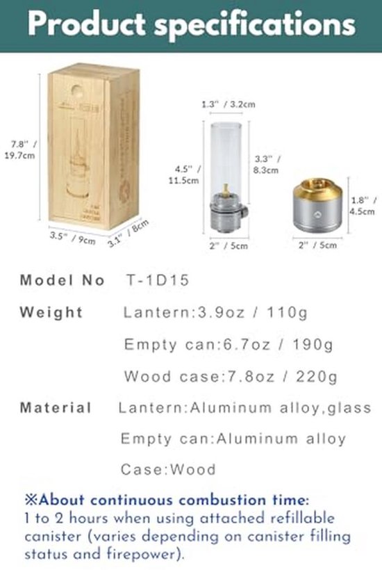 Campinggas Lantaarn met Houten Koffer en Lege Tank 15g — afbeelding 4