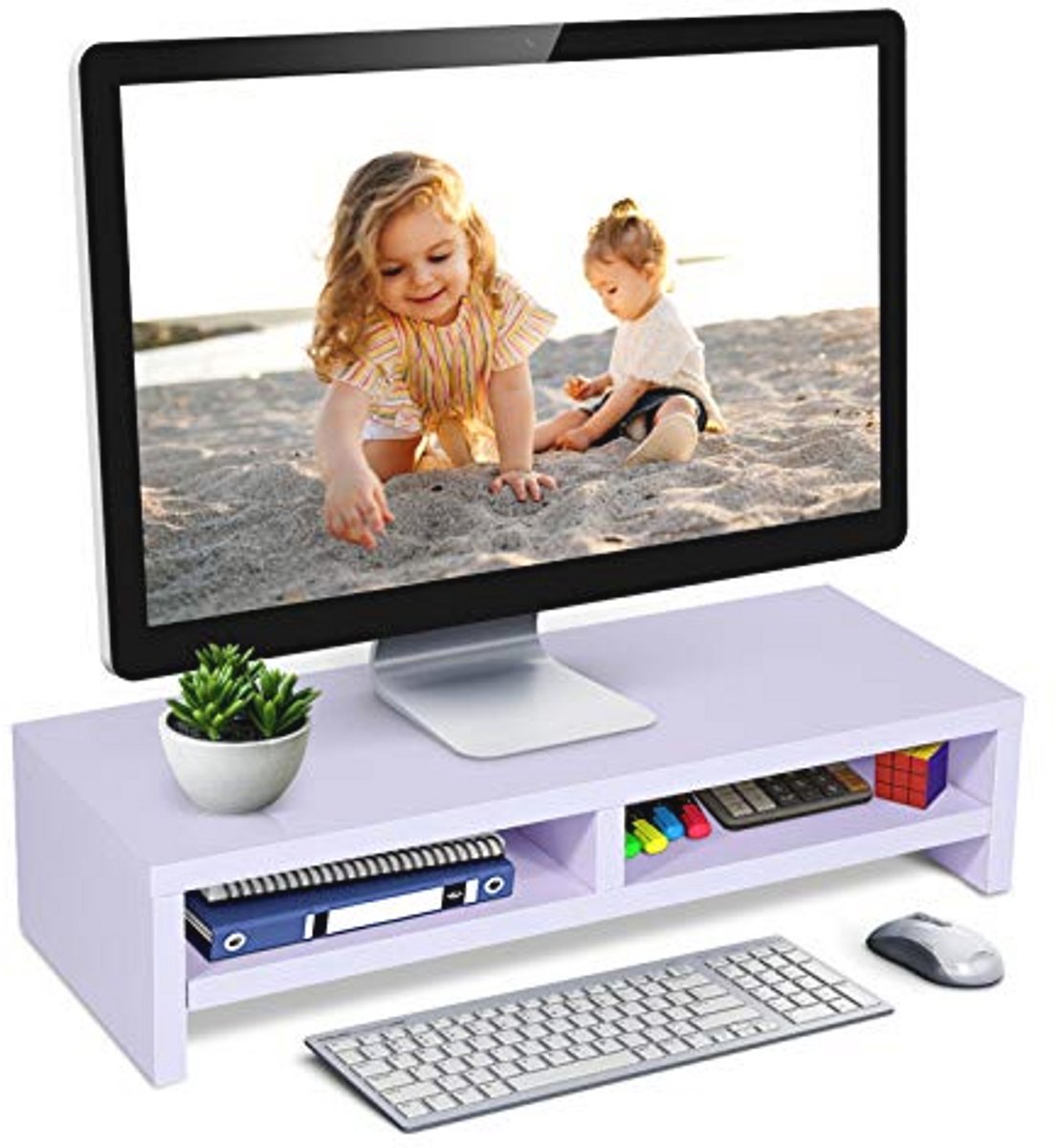 Houten Monitor Riser Stand met 2 Niveaus en Opbergruimte