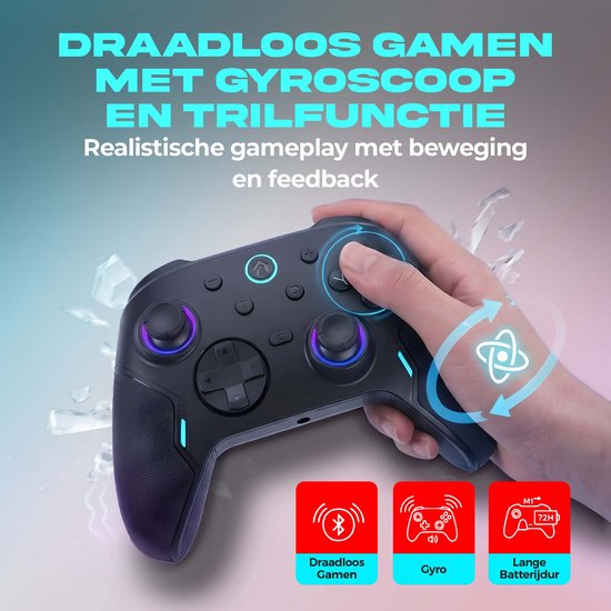 Hand die een zwarte gaming controller vasthoudt met RGB-verlichting. Iconen tonen Draadloos gamen, Gyro, en Lange Batterijduur (72H). Tekst: Draadloos gamen met gyroscoop.