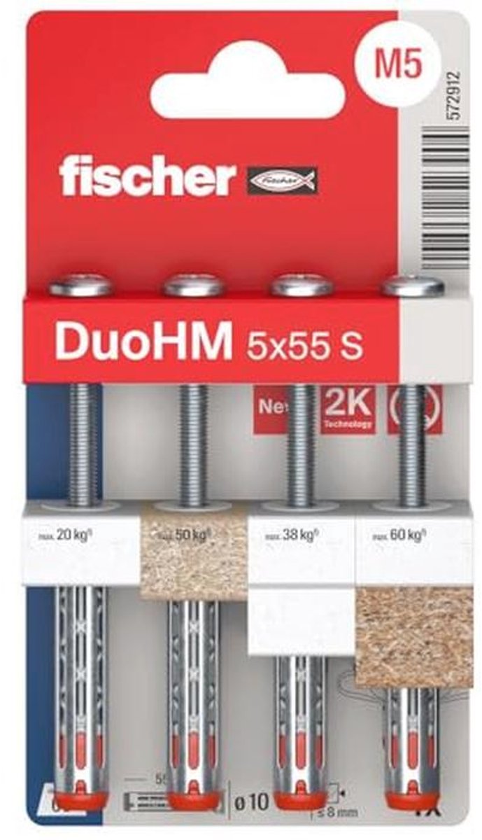 Holle pluggen 5 x 55 mm met metrische panhead schroef voor het bevestigen van TV-beugels, verlichting en wandplanken - 4 stuks