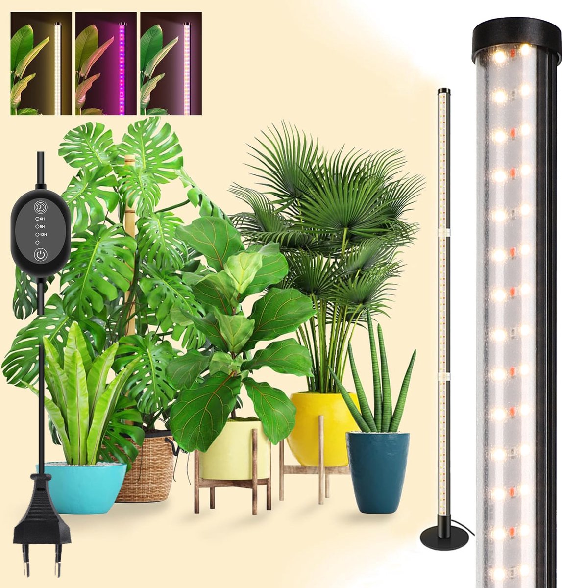MUPOO Kweeklamp LED - met 3 kleurveranderbare - Full Spectrum - Rood - Blauw - met 6/9/12H-timer - voor Kamerplanten - Groei en Bloei - 122 cm