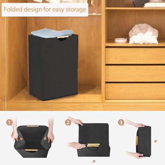 Smalle Wasmand voor 70 Liter, Vouwbare Wasbox met Houten Handvatten en Waterdichte Binnenvoering, 58 x 39,5 x 30 cm — afbeelding 3