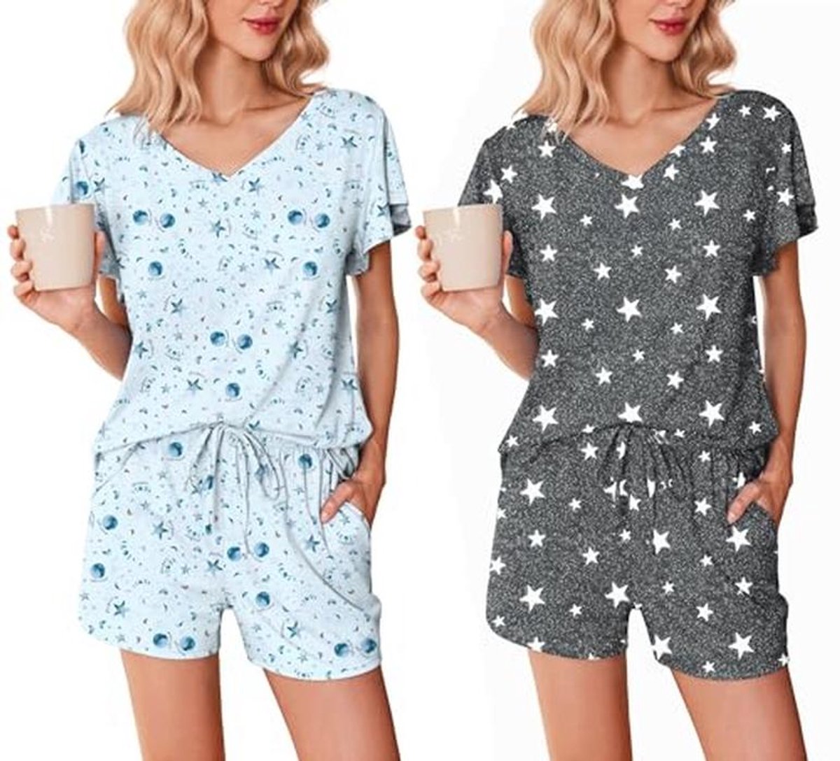 Set van 2 zachte damespyjama's met ruches en mouwen, casual V-hals loungeset