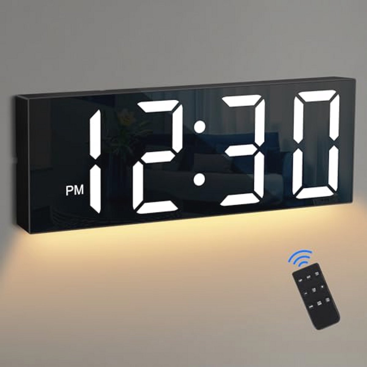 Wandklok met Groot Display en Nachtlamp - Zwart