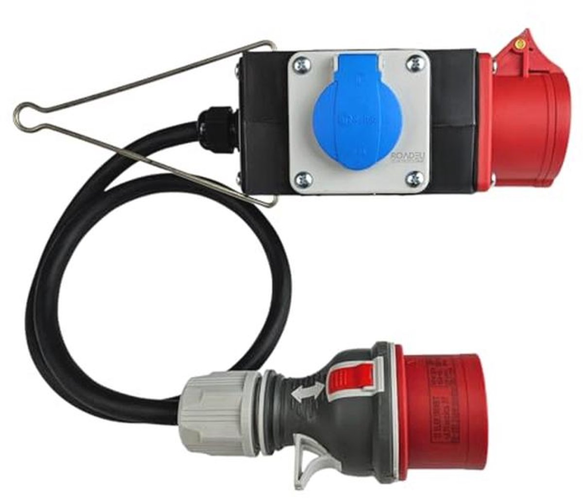 Draagbare stroomadapter met 10m verlengsnoer - 16A bouwstroomverdeler met CEE en Schuko uitgangen - Ideaal voor werkplaats en garage