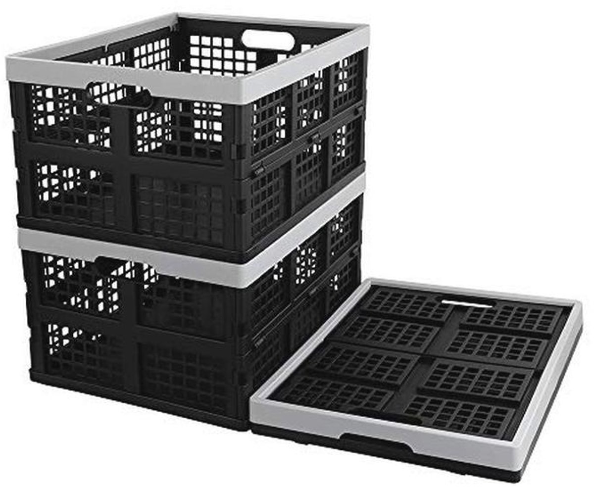 Zwarte kunststof opvouwbare opbergmanden - 3-pack kratten voor opslag