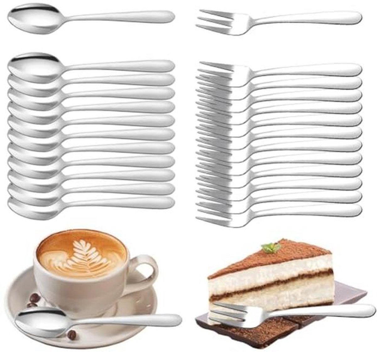 Koffielepel en Taartvork Set 24 Stuks - 12 Lepels en 12 Vorken - RVS 14.5 cm - Voor Bruiloften en Verjaardagen - Vaatwasmachinebestendig