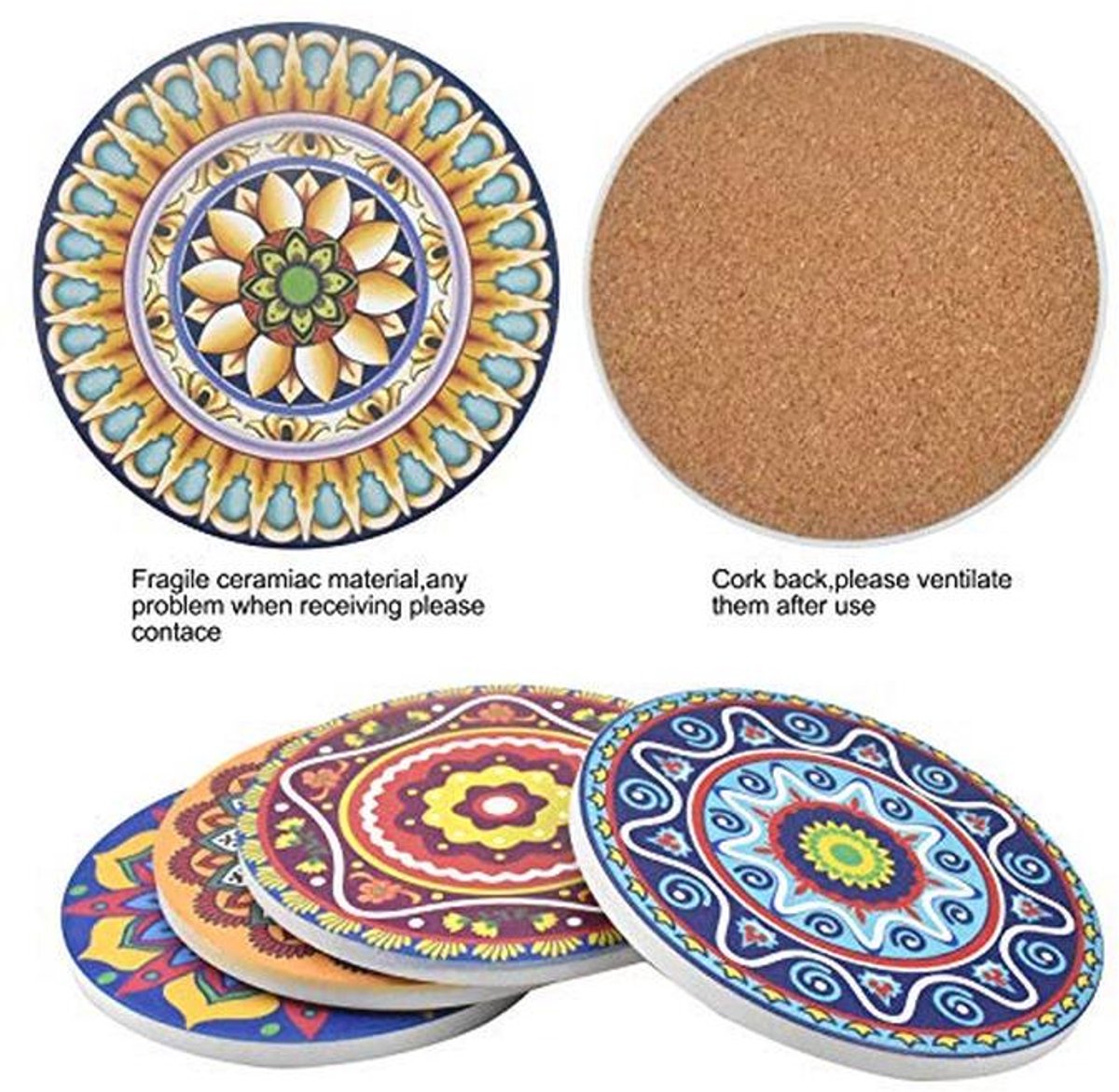 Set van 6 Absorberende Ceramische Onderzetters met Houder - Mandala Design en Antislip
