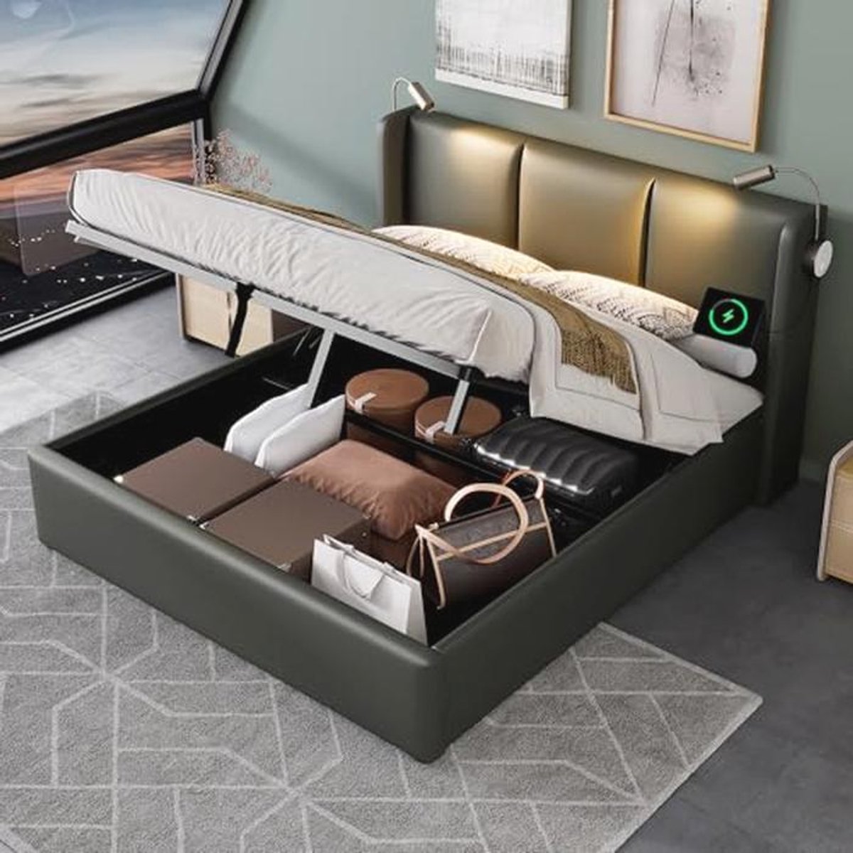 Tweepersoonsbed 140x200 met Leeslamp, USB Oplaadfunctie en Opbergruimte