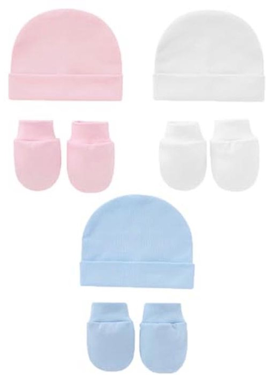 Muts en Handschoenen Set voor Pasgeborenen - Krasbestendige Katoenen Baby Accessoires - Geschikt voor 0-3 Maanden - Blauw/Roze/Wit
