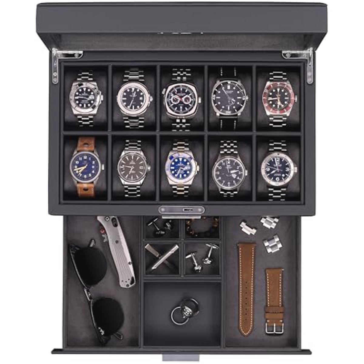 ROTHWELL Horlogedoos met 10 sleuven in leer met valet lade, luxe horlogekast display organizer met ultra zachte microsuède voering, sieraden en zonnebril houder met grote glazen bovenkant (carbon)