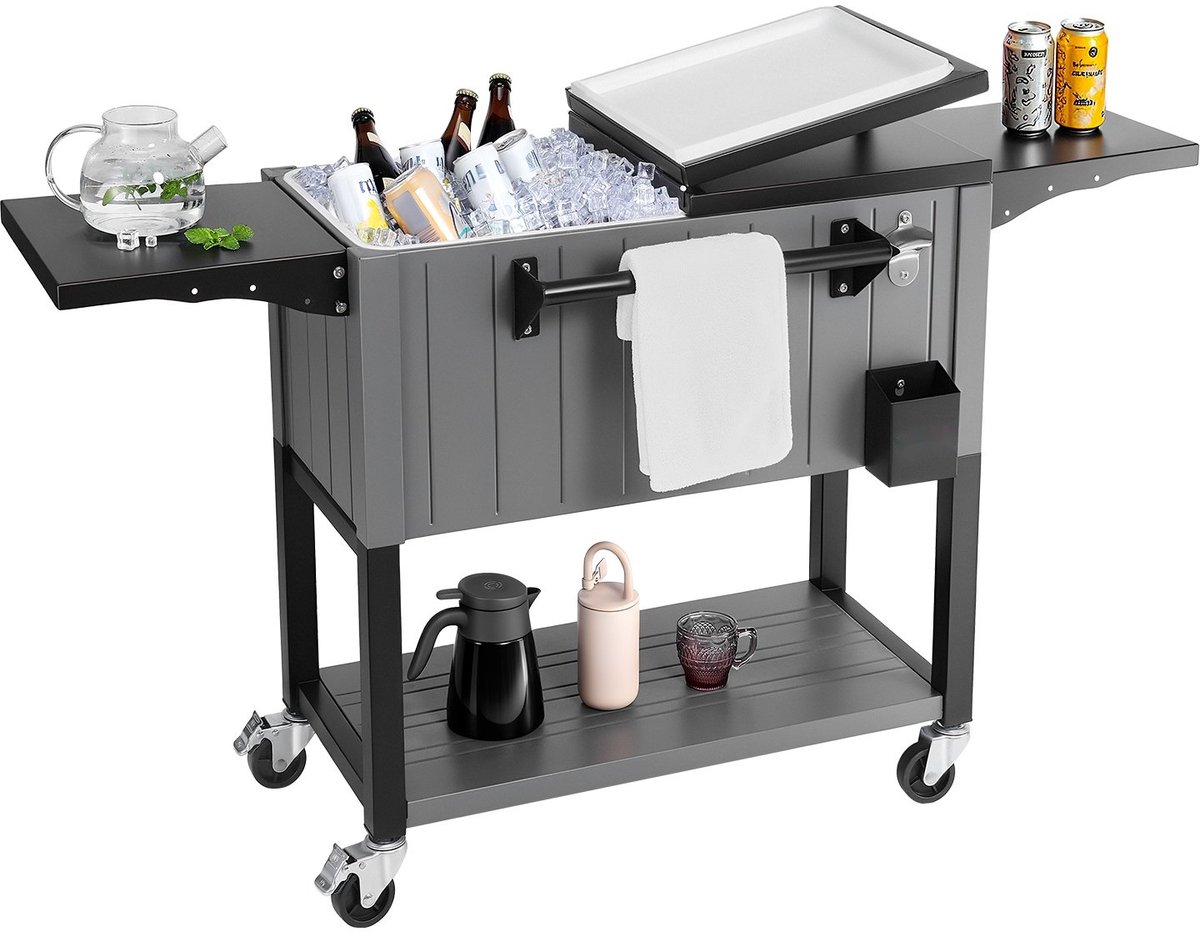 Koelbox op Wielen - Drankenkoeler Koelwagen - Inhoud 75,7 L - Tot 50 Flessen/110 Blikjes - Met Bodemplank en Zijplanken - Flesopener en Deksel - Zwart