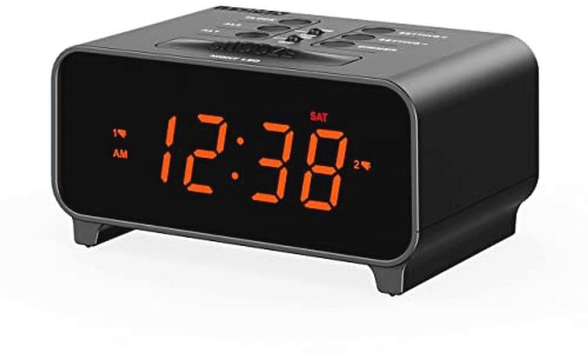 Kleine digitale wekker met dubbel alarm, snooze-functie, USB-oplader en oranje LED-display voor slaapkamer