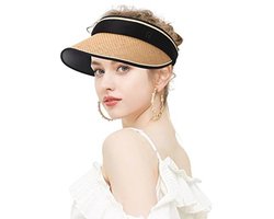 GLAITC Strohoed voor dames, zonnehoed voor dames, stro, vizier, zonnehoed, zomerhoed, zonnehoed voor dames, opvouwbaar, brede rand, zomervizieren, voor golf, reizen, kamperen, Kaki, Eén maat