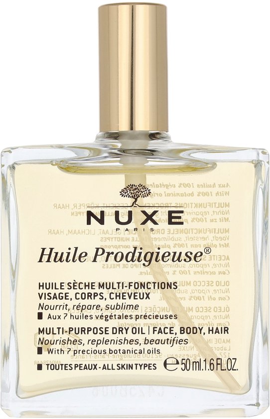 Nuxe Huile Prodigieuse multi-purpose dry oil in een glazen fles met gouden dop. 50 ml.